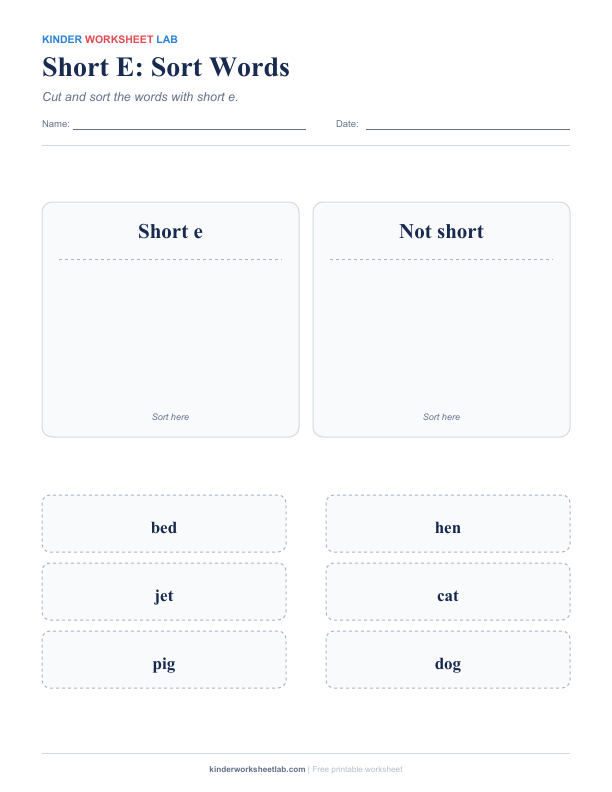 Short E: Sort Words worksheet preview