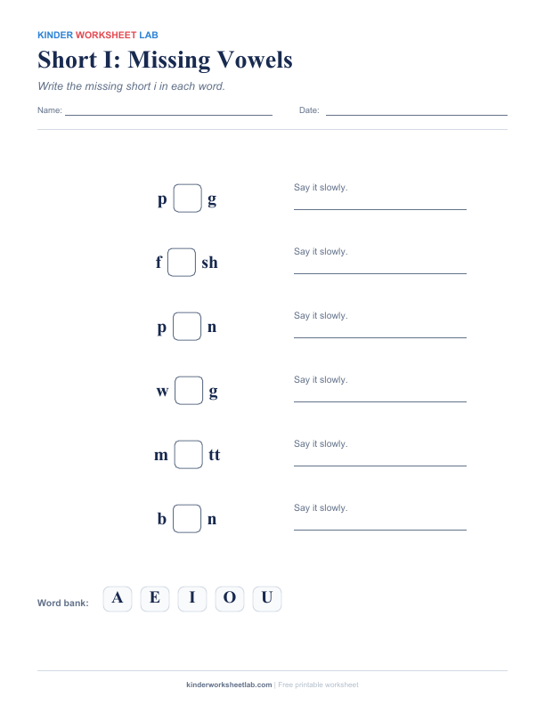 Short I: Missing Vowels worksheet preview