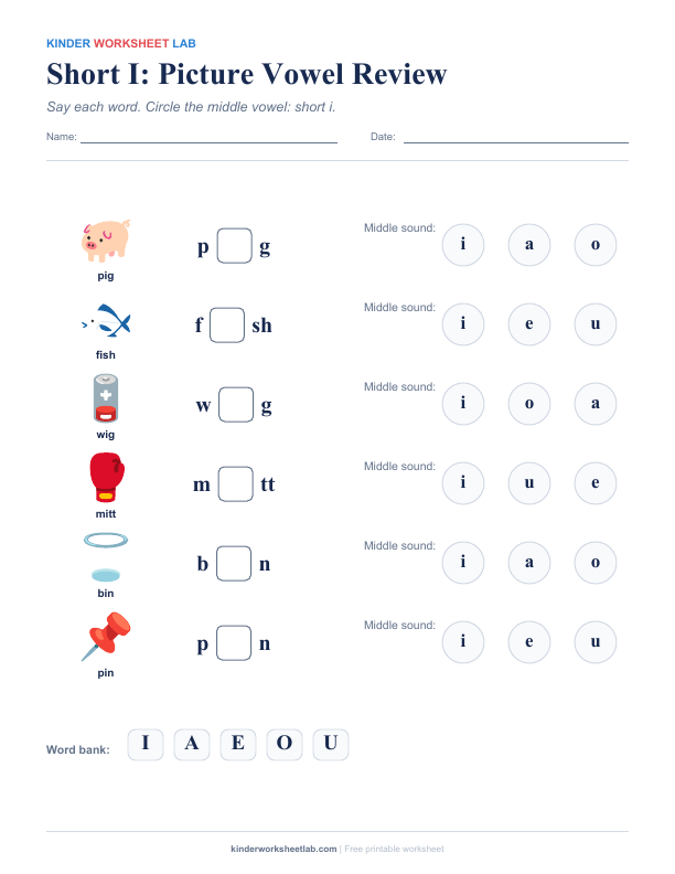Short I: Picture Vowel Review worksheet preview
