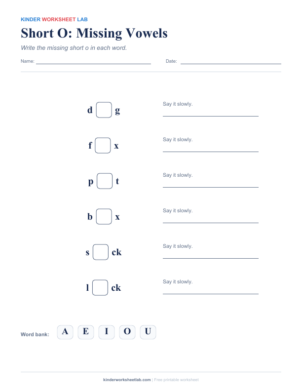 Short O: Missing Vowels worksheet preview