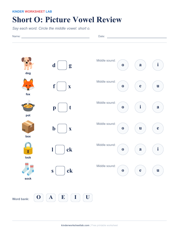Short O: Picture Vowel Review worksheet preview