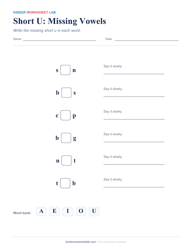 Short U: Missing Vowels worksheet preview