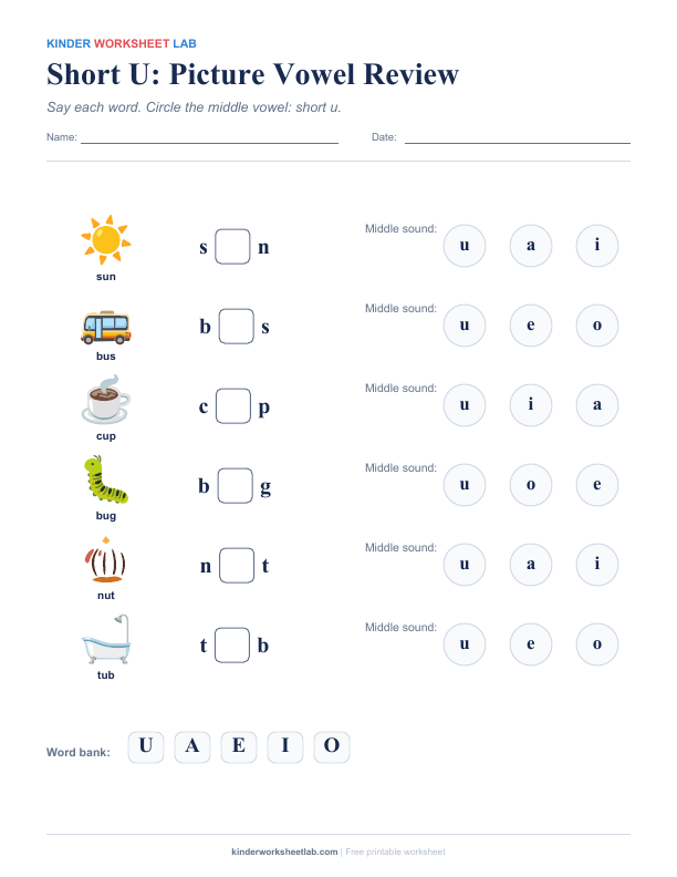 Short U: Picture Vowel Review worksheet preview