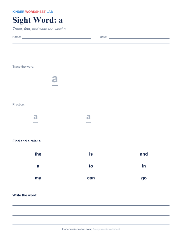Sight Word: a worksheet preview