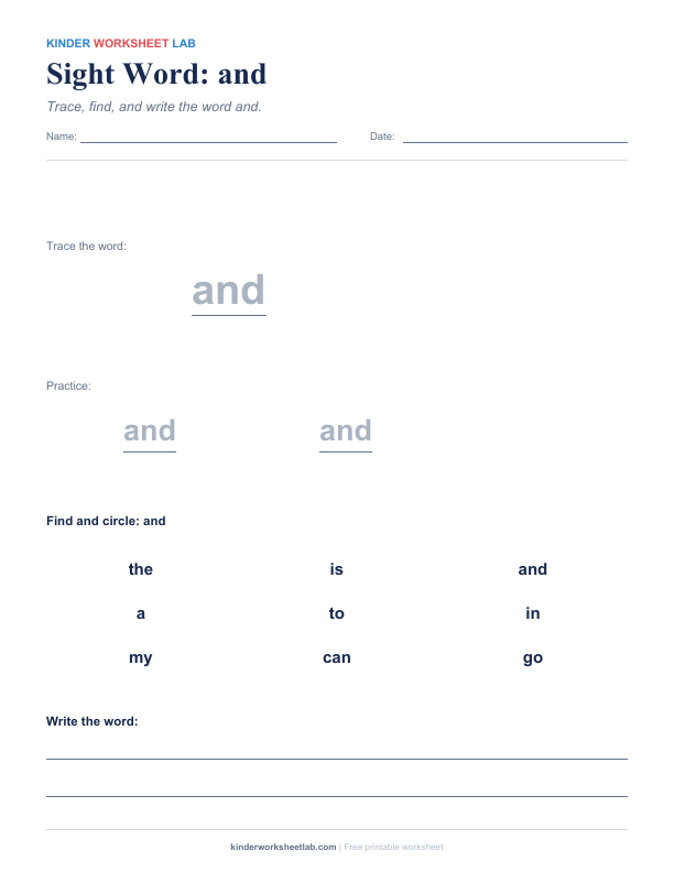 Sight Word: and worksheet preview