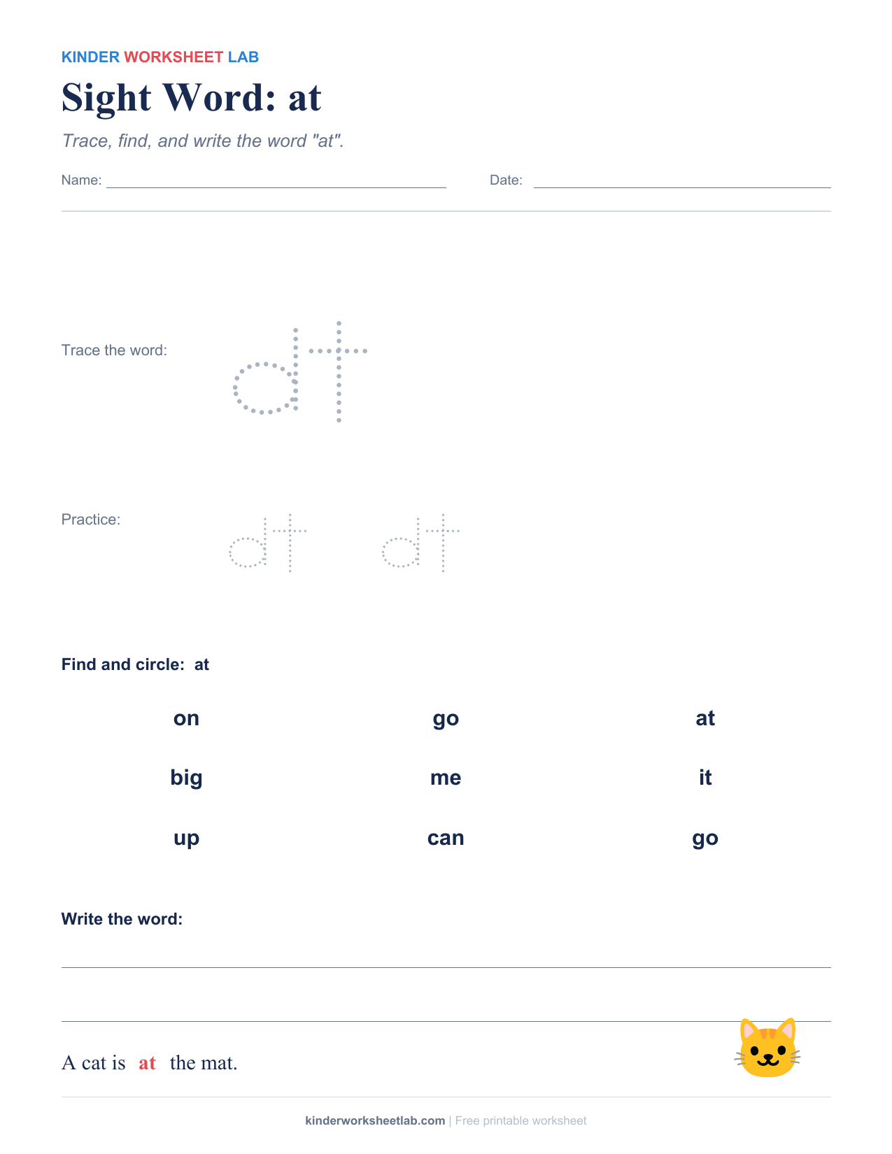 Sight Word: at worksheet preview