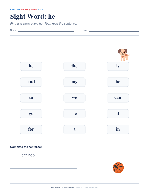 Sight Word: he worksheet preview