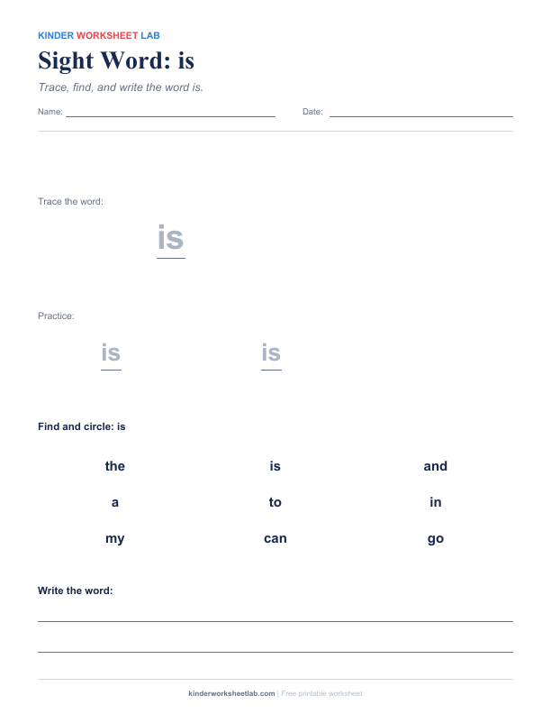 Sight Word: is worksheet preview