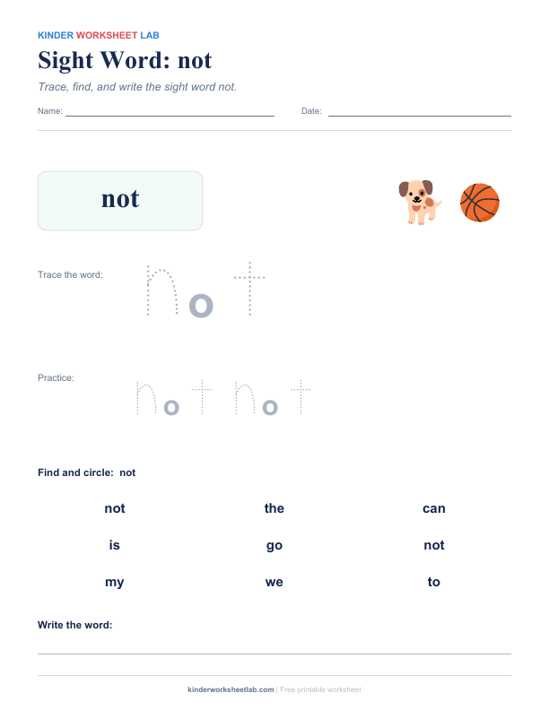 Sight Word: not worksheet preview