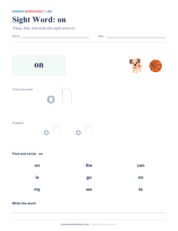 Sight Word: on worksheet preview