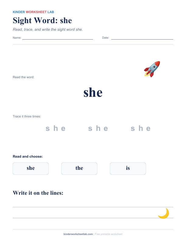 Sight Word: she worksheet preview