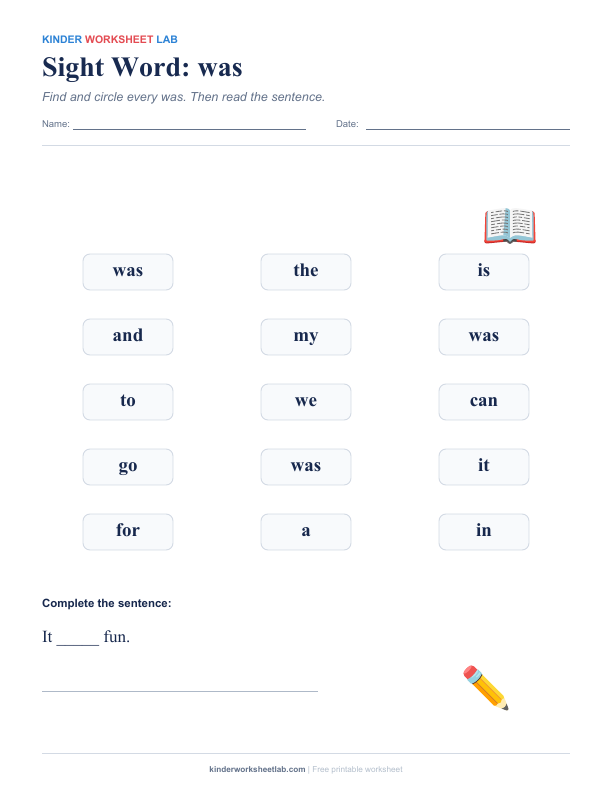 Sight Word: was worksheet preview