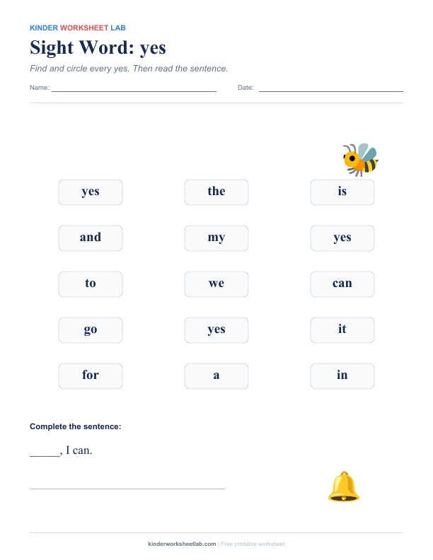 Sight Word: yes worksheet preview