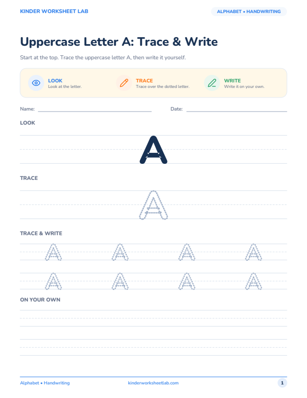 Uppercase Letter A: Trace & Write worksheet preview