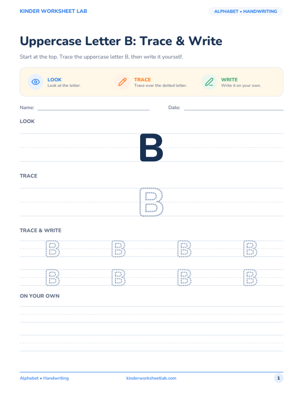 Uppercase Letter B: Trace & Write worksheet preview