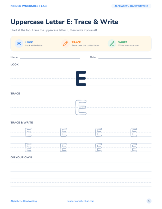 Uppercase Letter E: Trace & Write worksheet preview