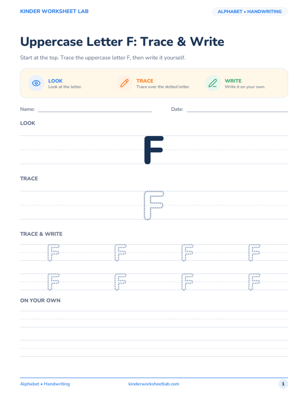 Uppercase Letter F: Trace & Write worksheet preview