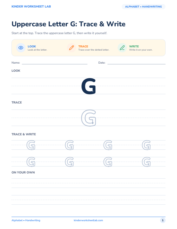 Uppercase Letter G: Trace & Write worksheet preview