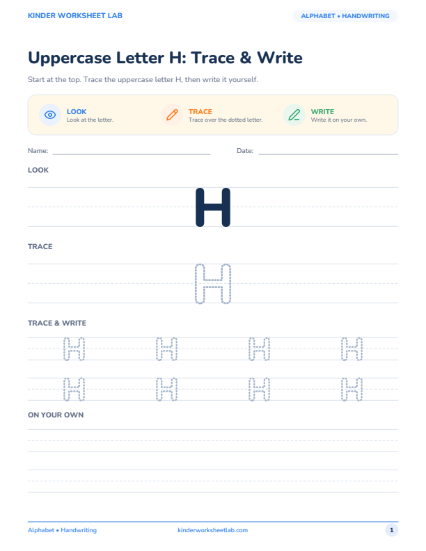 Uppercase Letter H: Trace & Write worksheet preview