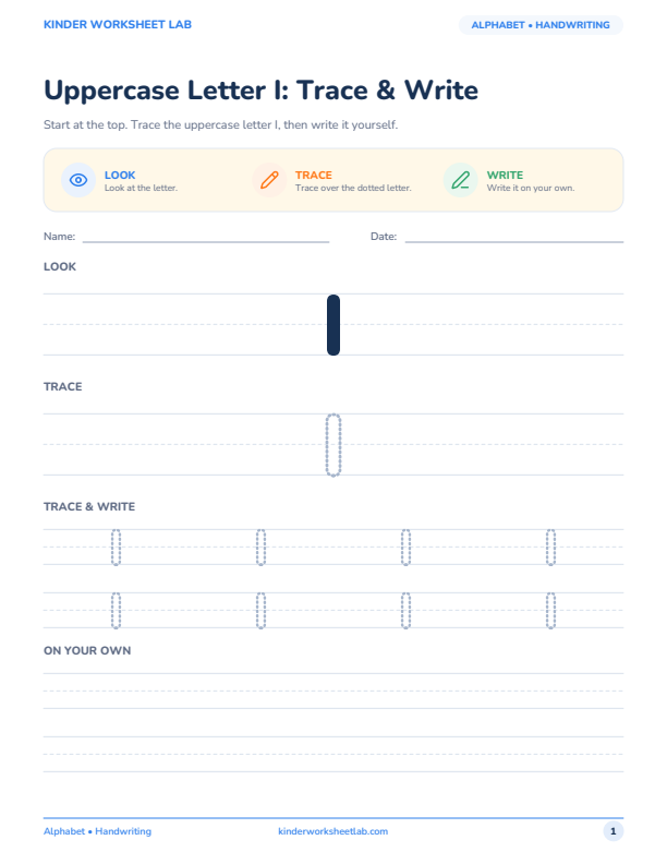 Uppercase Letter I: Trace & Write worksheet preview