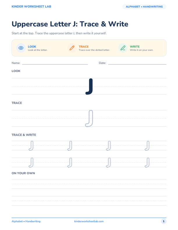 Uppercase Letter J: Trace & Write worksheet preview