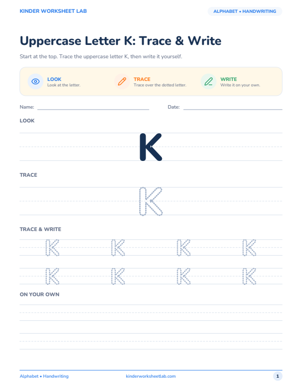 Uppercase Letter K: Trace & Write worksheet preview