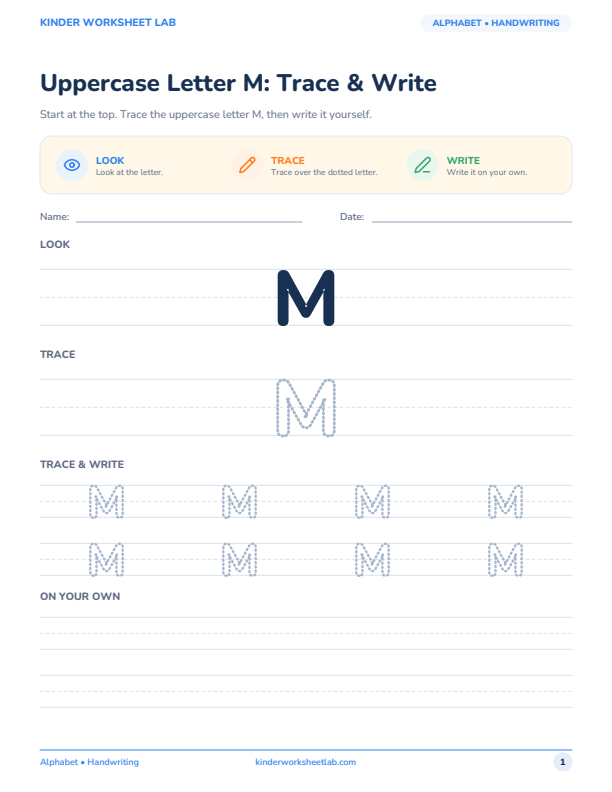 Uppercase Letter M: Trace & Write worksheet preview