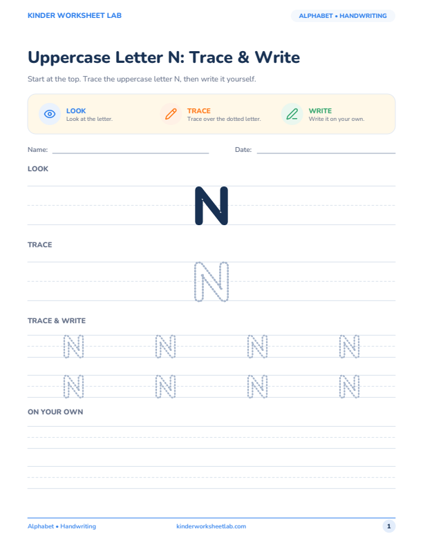 Uppercase Letter N: Trace & Write worksheet preview