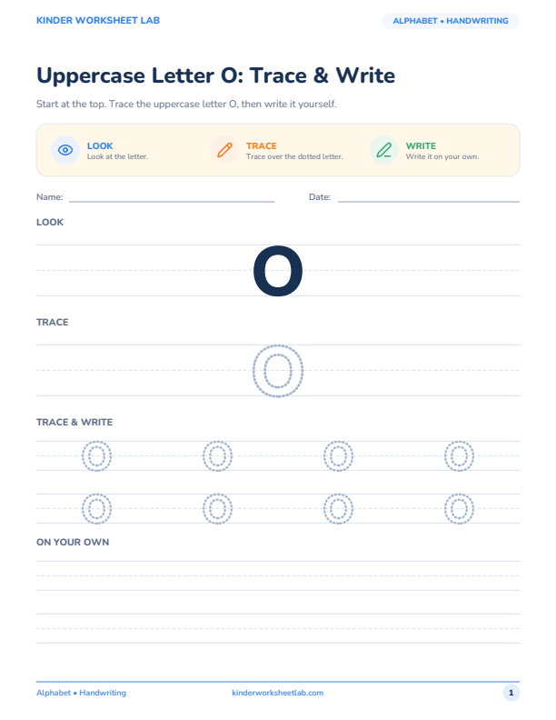 Uppercase Letter O: Trace & Write worksheet preview