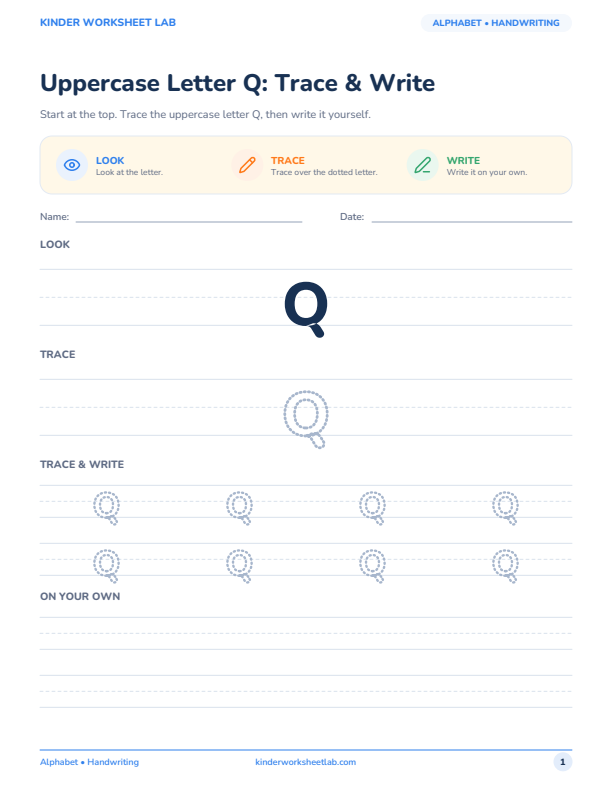 Uppercase Letter Q: Trace & Write worksheet preview