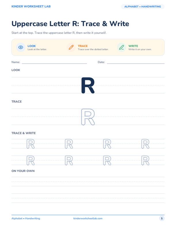 Uppercase Letter R: Trace & Write worksheet preview