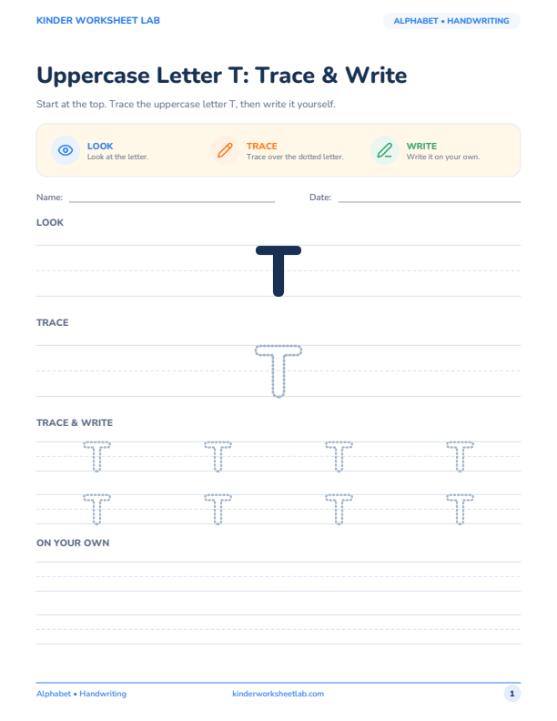 Uppercase Letter T: Trace & Write worksheet preview