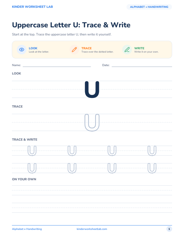 Uppercase Letter U: Trace & Write worksheet preview