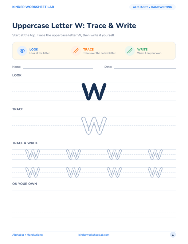 Uppercase Letter W: Trace & Write worksheet preview