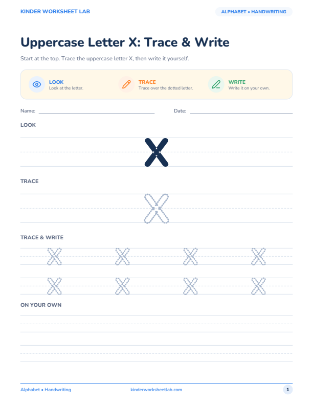 Uppercase Letter X: Trace & Write worksheet preview