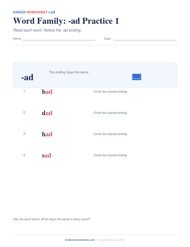 Word Family: -ad Practice 1 worksheet preview