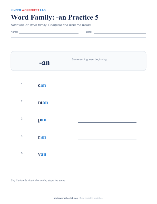 Word Family: -an Practice 5 worksheet preview