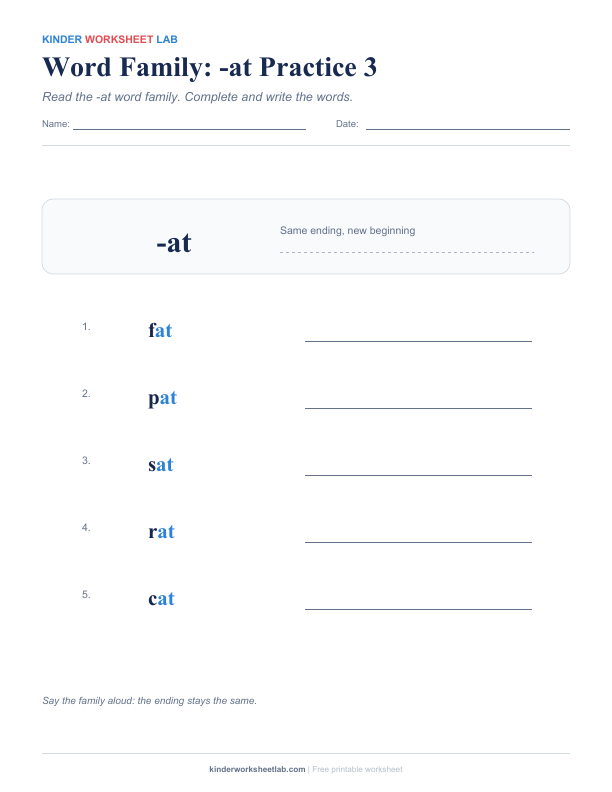 Word Family: -at Practice 3 worksheet preview