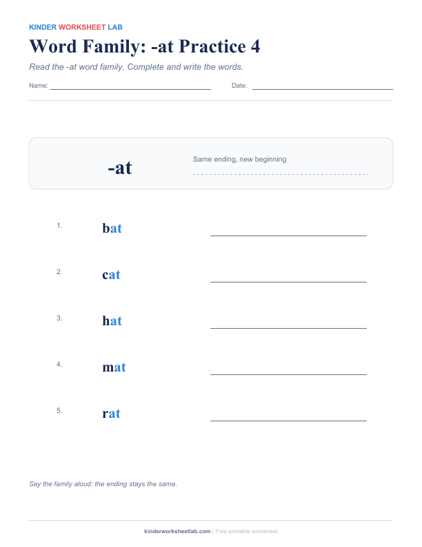Word Family: -at Practice 4 worksheet preview