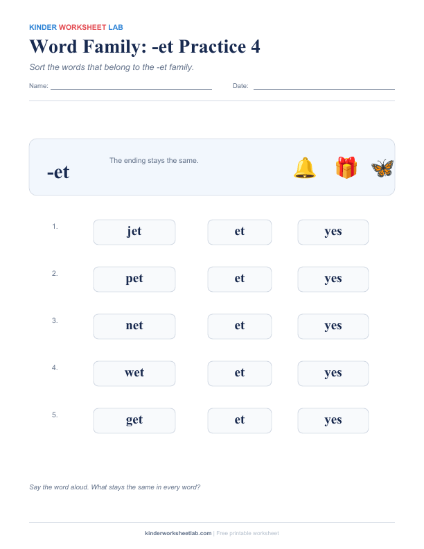 Word Family: -et Practice 4 worksheet preview