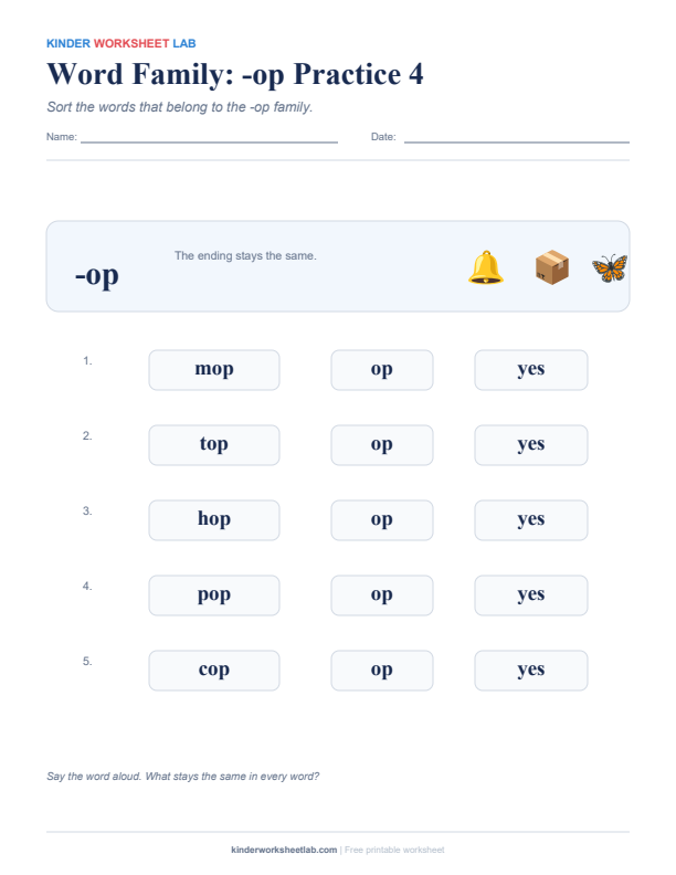 Word Family: -op Practice 4 worksheet preview