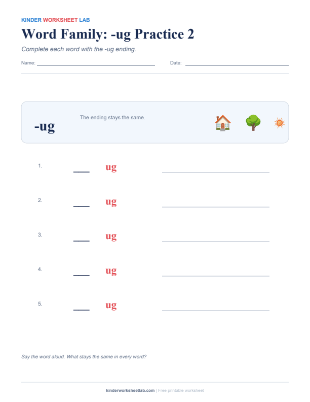 Word Family: -ug Practice 2 worksheet preview